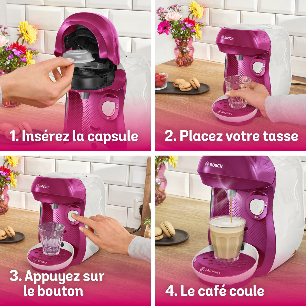 Machine à Café Tassimo Happy TAS1001 Violet & Blanc – Plus de 40 Boissons, Format Compact